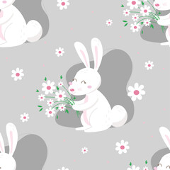 Seamless pattern with bunnies and spring decorative elements. Cute cartoon design template. Happy Easter background