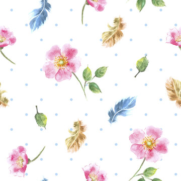 Watercolor seamless pattern with wild rose flowers, feathers and dots in pink and blue