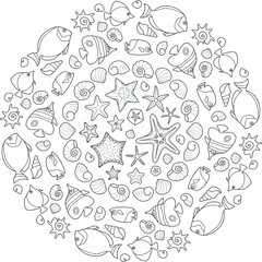 sea mandala with fish and starfish black and white illustration for coloring