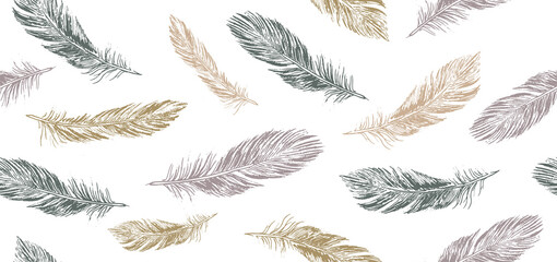 Feathers set on white background. Hand drawn sketch style.