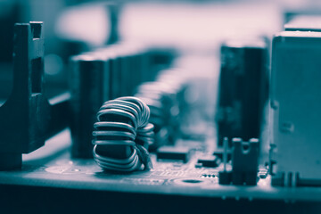 Fototapeta na wymiar Blue electronic mother board circuit close up macro background.