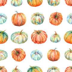 Pumpkins Seamless Pattern. Watercolor blue orange pumpkins. Harvest illustration