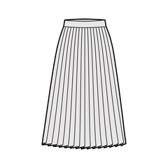 Skirt pleat technical fashion illustration with below-the-knee silhouette, circular fullness, thick waistband. Flat bottom template front, grey color style. Women, men, unisex CAD mockup