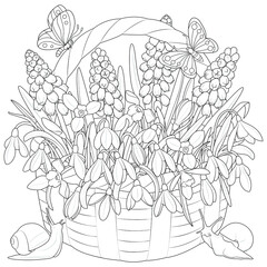 Spring flowers in a basket black and white illustration for coloring