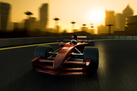 A racecar speeding in a track with a city background.