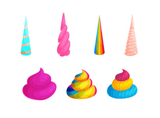 Funny unicorns horns and poops cartoon vector illustrations set. Striped and spiral magic horse horns isolated on white background. Fairy animal excrement of pink and rainbow color
