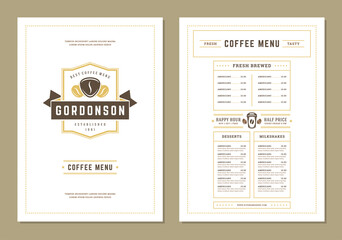Fototapeta na wymiar Coffee menu design template flyer for cafe with coffee shop bean symbol and vintage typographic decoration elements