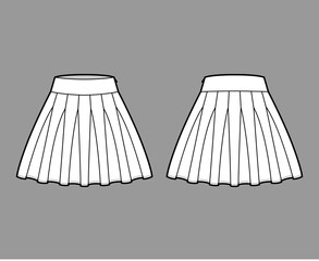 Skirt rah-rah Cheer technical fashion illustration with above-the-knee lengths silhouette, thick waistband. Flat bottom template front, back, white color style. Women, men, unisex CAD mockup