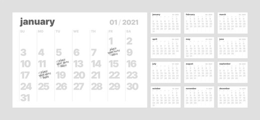 Monthly calendar template for 2021 year. Week Starts on Sunday. Wall calendar in a minimalist style.