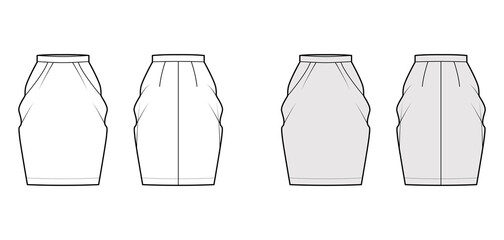 Skirt peg-top technical fashion illustration with straight knee silhouette, pencil fullness, thin waistband. Flat bottom template front, back, white grey color style. Women, men, unisex CAD mockup