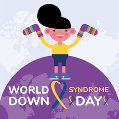 world down sindrome day campaign poster with little boy lifting socks in earth planet
