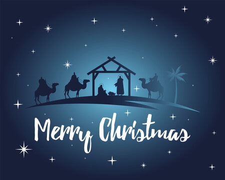 happy merry christmas lettering with holy family in stable and kings silhouette