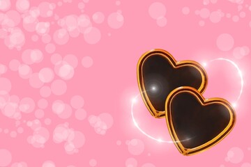 Two hearts together on a pink background with shining lights and bokeh. Blank for a postcard with text.