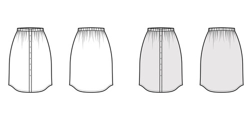 Skirt button down dirndl technical fashion illustration with straight knee silhouette, pencil fullness. Flat bottom template front, back, white grey color style. Women, men, unisex CAD mockup