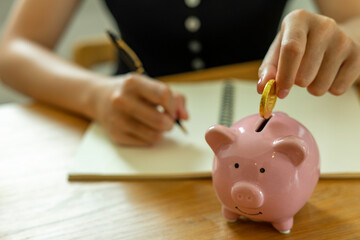 Women put coin money into piggy banks and make income and expenditure accounts to save money. Keep it as retirement money, ideas for saving money for the future
