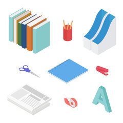 Stationery set. Isometric vector illustration in flat design.
Working from home, office, doing homework.