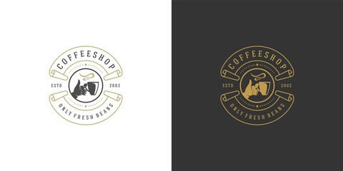 Coffee or tea shop logo template vector illustration with handholding cup silhouette