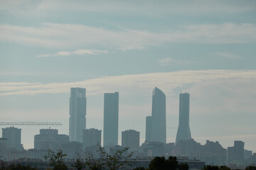 Fototapeta premium The Four Towers of Madrid seen from the Valdebebas forest park. Spain