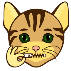 emoticon keeps his mouth shut by closing the zipper with his hand, funny cat cartoon character with simplistic facial expression, simple vector illustration