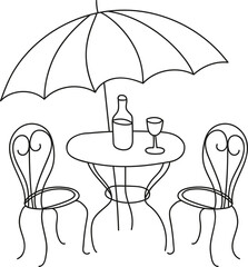 so many in a cafe and two bottles of wine with a glass of wine under umbrella in doodle style