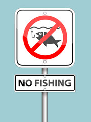 no fishing sign pole on white background - 389859234