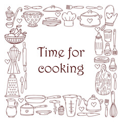 Cooking kitchen equipment doodle icons vector set square frame design