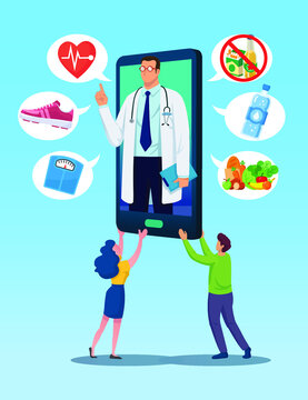Man and woman carrying huge smartphone with doctor image on screen.
Man and woman carry huge mobile phone with medical health web apps.
