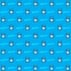 the pattern of alarm clock with wake up text isolated in blue background