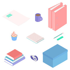 Stationery set. Isometric vector illustration in flat design. Working from home, office, doing homework, home school.