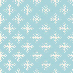 Vector geometric snowflake pattern. Seamless vector design, simple stylized ice crystal on bright blue background. Half drop abstract design. Perfect for paper projects, fabric and home decor.