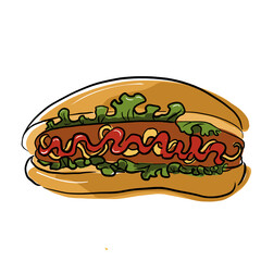 Classic hot dog with green salad, ketchup and mustard, vector