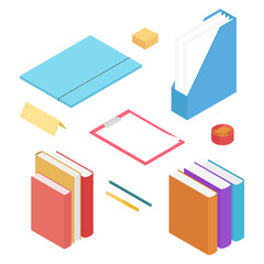 Office supplies and stationery set. Isometric vector illustration in flat design. Working from home, office, doing homework.