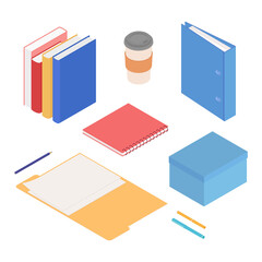 Stationery set. Isometric vector illustration in flat design.
Working from home, office, doing homework.