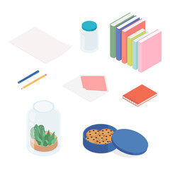 Stationery set. Isometric vector illustration in flat design.
Working from home, office, doing homework.