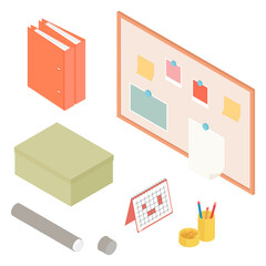 Stationery set with board. Isometric vector illustration in flat design. Working from home, office, doing homework, studing.