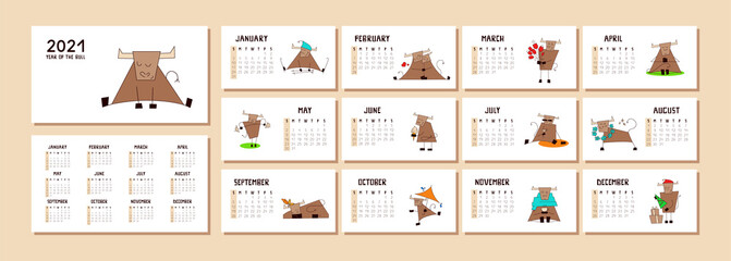 New Year 2021. Calendar or planner with a cute kawaii bull isolated on white. Horizotal format. Desk, table calendar. Cover and 12 monthly pages with vector illustrations of ox. Week starts on Sunday.