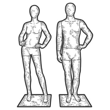 Mannequins for a showcase of a clothing store. Engraving raster illustration.