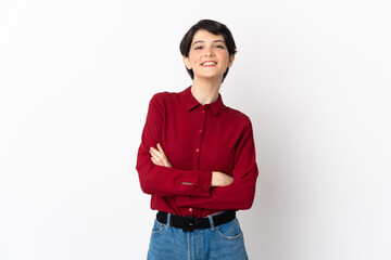 Woman with short hair isolated on white background keeping the arms crossed in frontal position