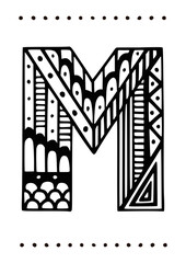 Ornamental capital letter m. Creative initials with geometric motives. Original interior poster with hand-drawn monogram. Vector illustration in scandinavian style.