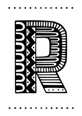 Ornamental capital letter r. Creative initials with geometric motives. Original interior poster with hand-drawn monogram. Vector illustration in scandinavian style.