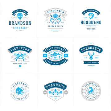 Seafood logos or signs set vector illustration fish market and restaurant emblems templates design