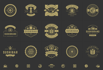 Sushi restaurant logos and badges set japanese food with sushi salmon rolls silhouettes vector illustration