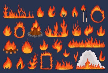 Flame fire vector illustration set. Cartoon flat red and orange flamed ignition light effect collection with hot danger flaming elements, bonfire or campfire, shiny flame frame borders and wildfire