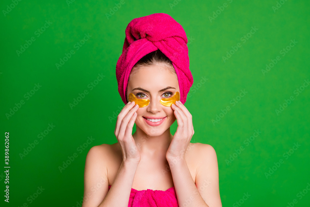 Poster beautiful lady after shower use under eyes patches wear pink towels on body head isolated green colo