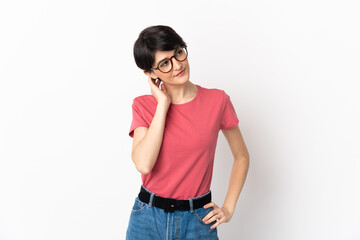 Woman with short hair isolated on white background thinking an idea