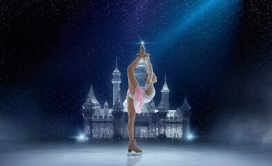 Figure skating girl in ice arena.