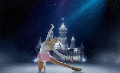 Figure skating girl in ice arena.