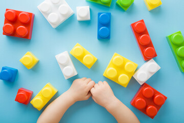 Baby girl hands with colorful plastic blocks on light blue table background. Closeup. Toys of development for little kids. Point of view shot. Top down view.