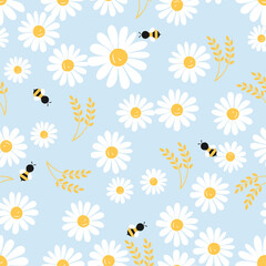 Seamless pattern with daisy flower, flying bee cartoon and wheat ears on blue background vector illustration. Flat design for print.