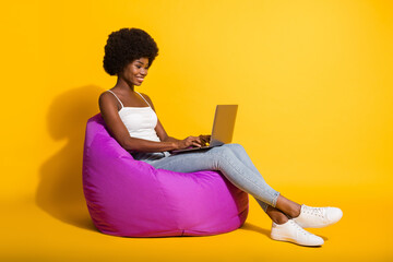 Photo of beautiful adorable business lady wear casual outfit sitting beanbag looking working computer isolated yellow color background